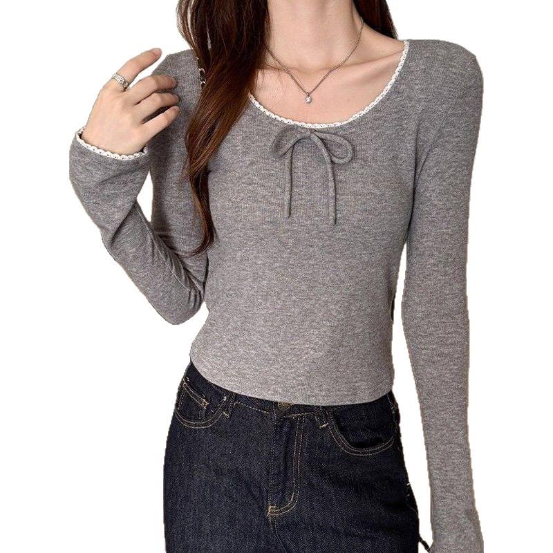 Women's Chic Sweet & Spicy Lace Bow Tie Round Neck Slim Fit Long Sleeve T-shirt