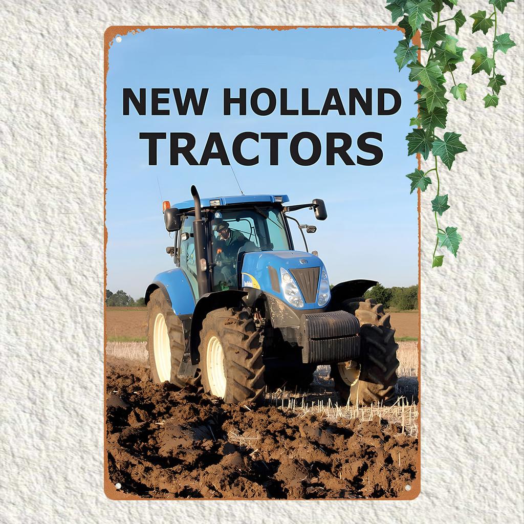 Vintage Holland Tractor Metal Sign Waterproof Dustproof Aluminum Wall Art with Blue Holland Tractor Illustration Perfect f