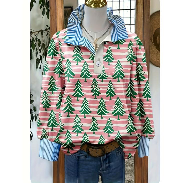 Women's Retro Christmas Pattern Blouse - Turn-Down Collar Long Sleeve, Loose Casual Silhouette, Festive Gift Tree Print Top Suitable for Fall/Winter