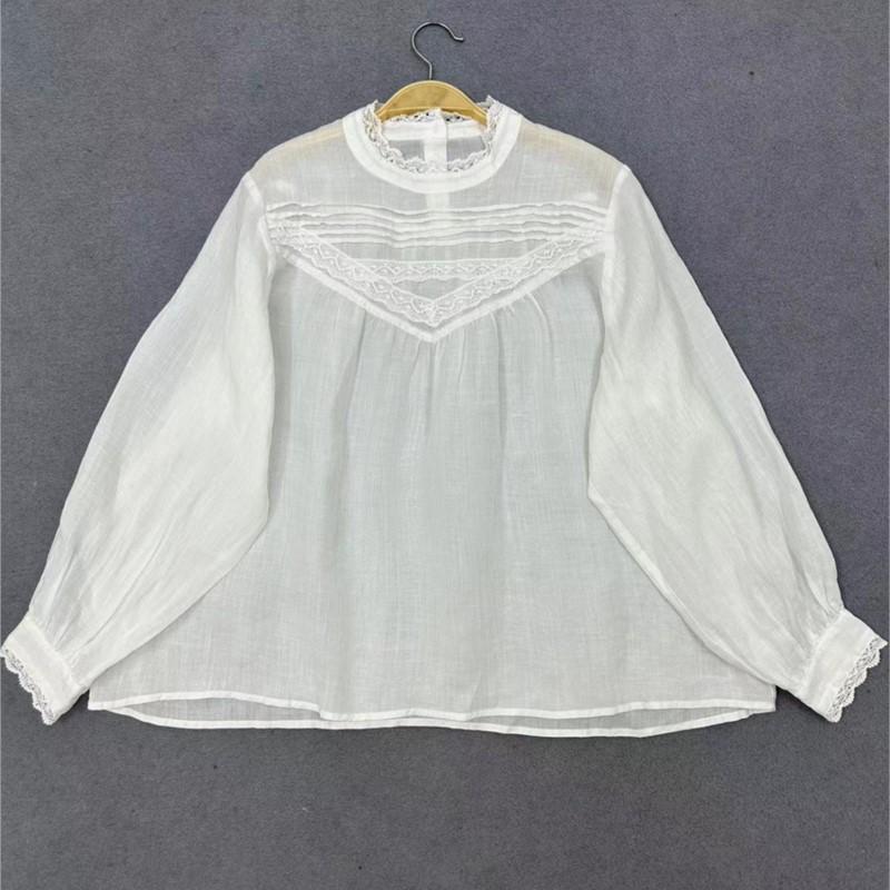 Johnature Japanese Lace Spliced Pleated Top Loose Casual Autumn Thin Long-sleeve Blouses For Women