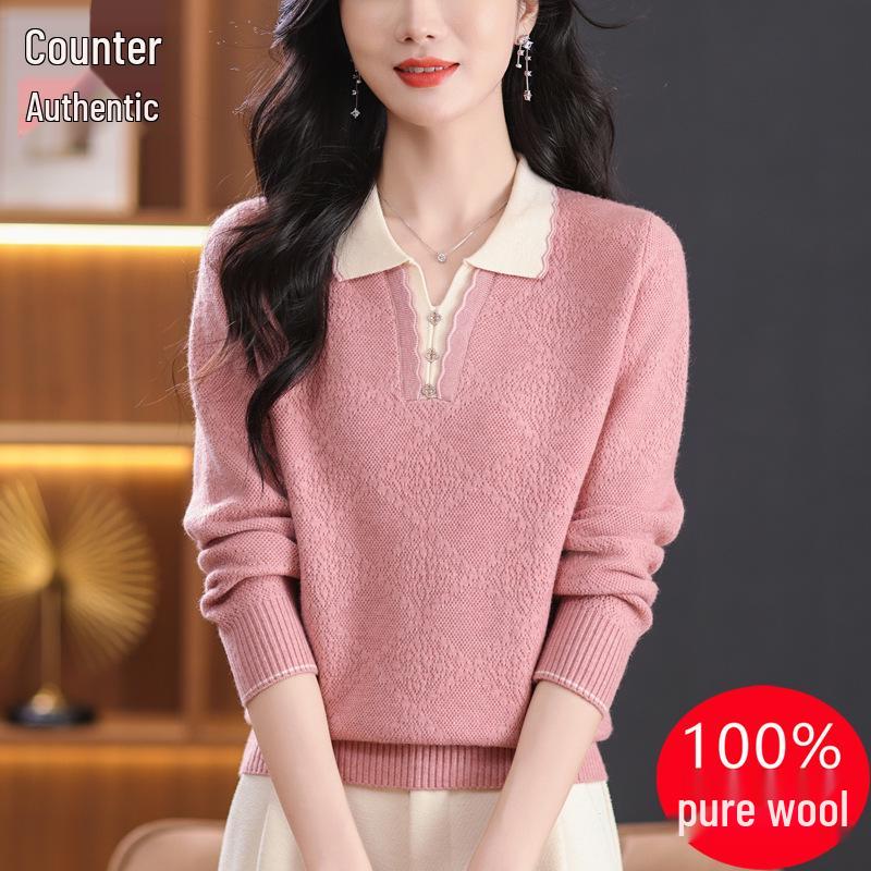 

Autumn-Winter Women s Fashionable Turn-Down Collar Wool Sweater - Versatile & Stylish Knitted Design for Moms Medium розовый