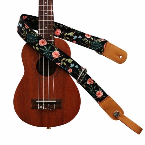 

MUSIC FIRST Original Design Dark Night Garden Soft Cotton & Genuine Leather Ukulele Strap, Ukulele Shoulder Strap with One Branded Strap Locker