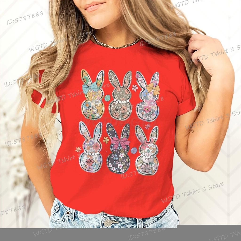 Retro Easter Bunny Floral Design Women Tshirt Graphic Gift for Easter Day Classic Tops Tees Flower Abbit Bunny Vintage T Shirts
