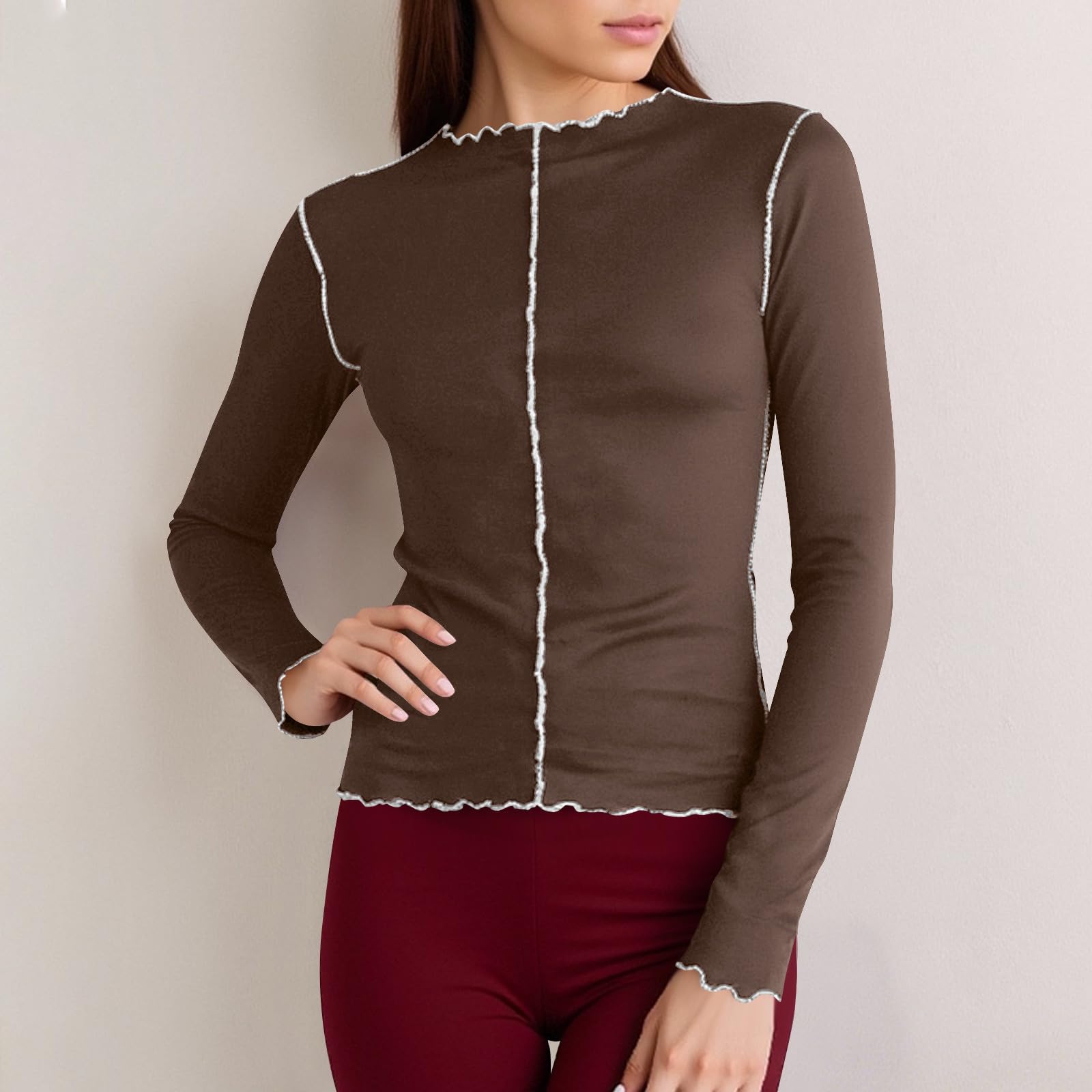 

Ladies Casual And Fashionable Contrasting Color Rolled Edge Half High Neck Long Sleeved T-shirt With Trendy Style Top L