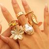 High Quality 2026 Holiday Style Exaggerated Baroque Retro Ring Set Foreign Trade Niche Imitation Pearl Flower Rings