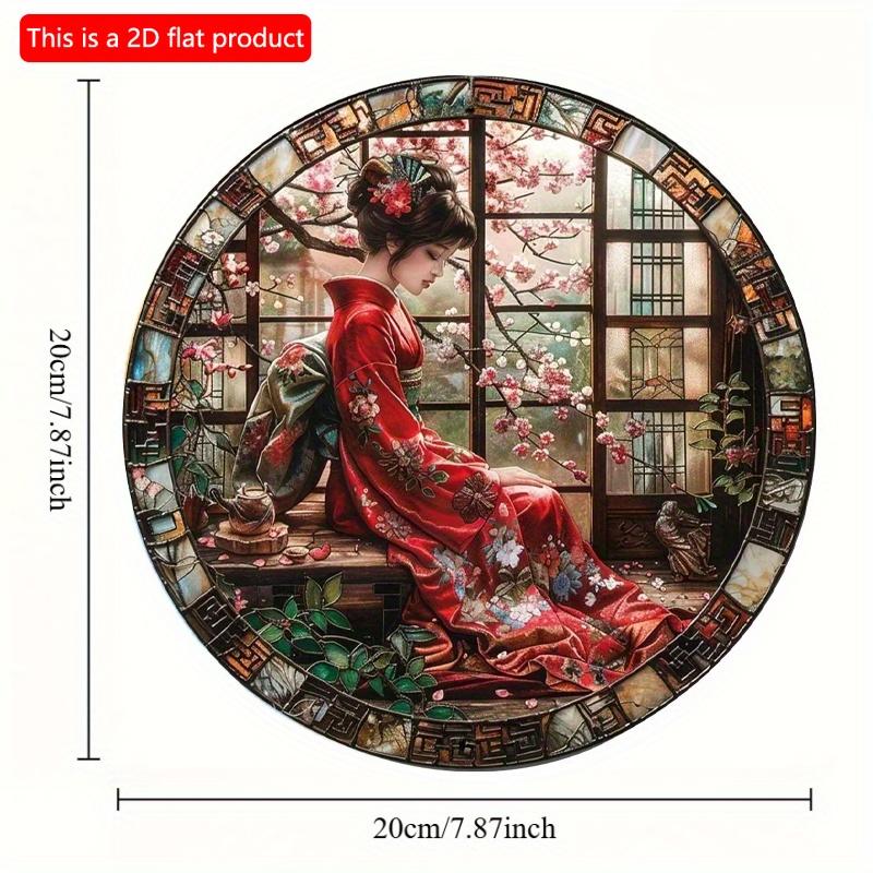 2d Flat 20*20cm, Round Wooden Wall Sign Art, Japanese Kimono Decorative, Entrance Decor Gift, Home Crafts, for Bar, Cafe, Club, Home, Room Wall Decor.