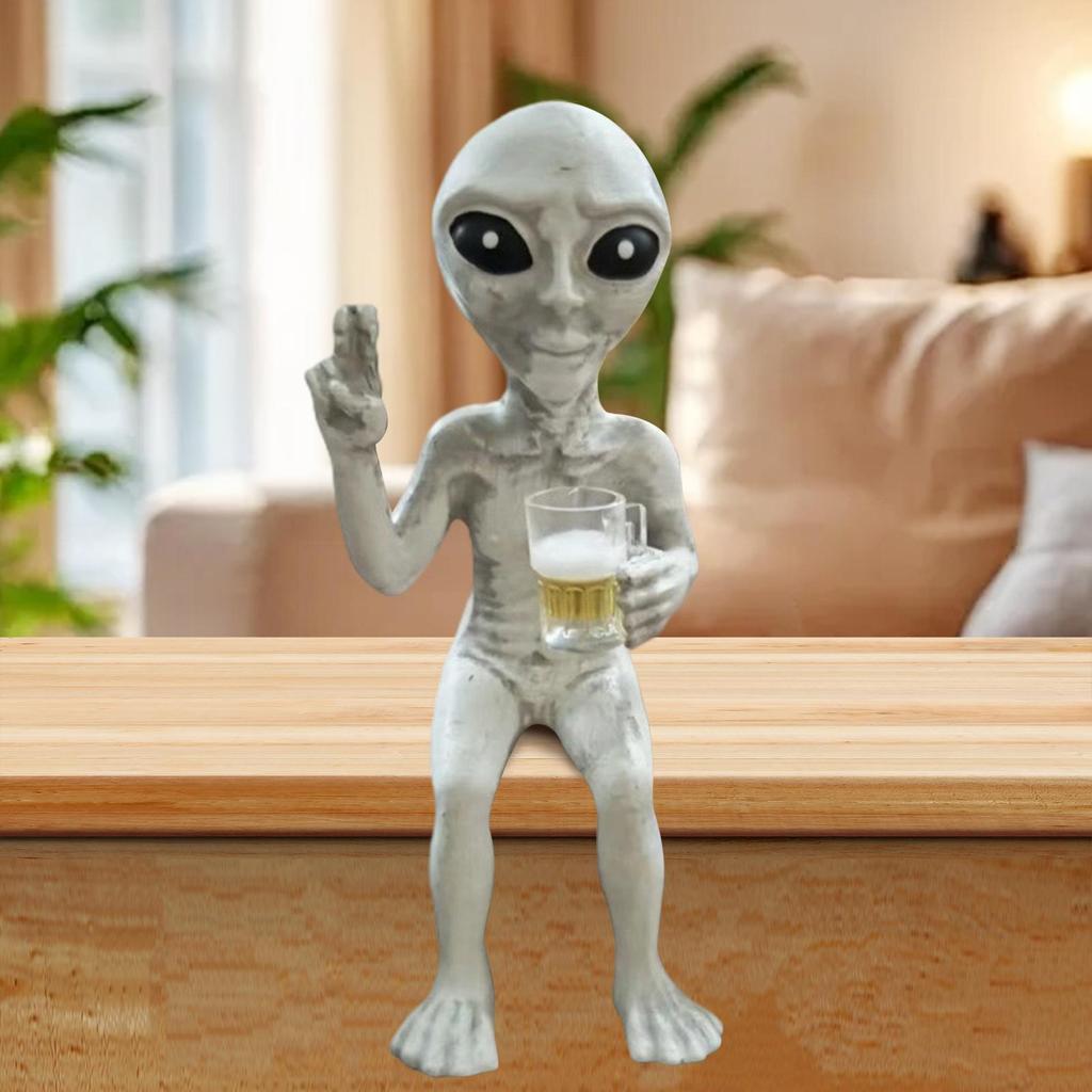 Alien Figurine Alien Drinking Beer Resin Sculpture Ornament Small Figure Ornament for Bedroom Bookshelf Office Entryway Home