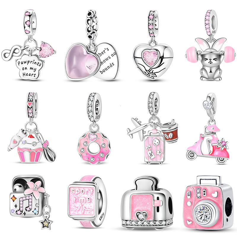 925 Silver Pink Series Dessert Cake Heart Camera Charms Beads For Women Fit Bracelet DIY Birthday Jewelry Gift