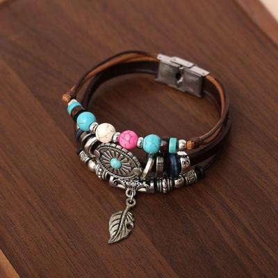 Bohemian Vintage Indian Leaf Turquoise Leather Bracelet
