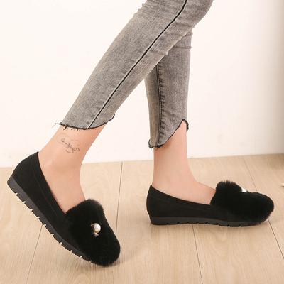 T26 Rabbit Hair Beanie Shoes Women's Outer Wear Round Head Plush Warm Maternity Shoes Soft Sole Fluffy Shoes