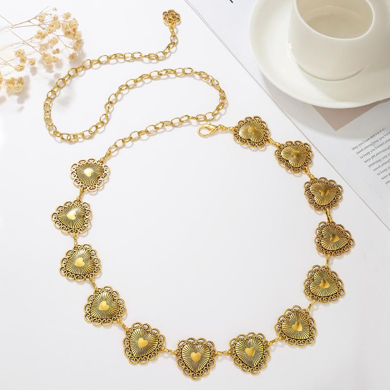 Retro Ethnic Style Women'S Metal Waist Chain Accessories Bohemian Decorative Circle Heart Carved Chain Belt