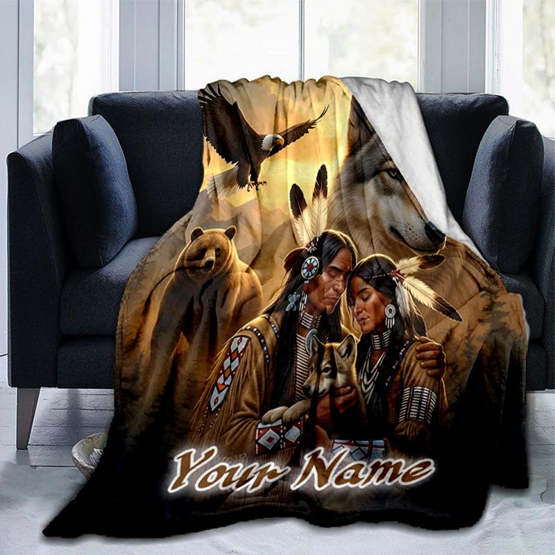 1PC Custom Name Native American Spirit Flannel Blanket Versatile,all-season Throw Suitable for the Living Room,bedroom,camping,travel,and Gift