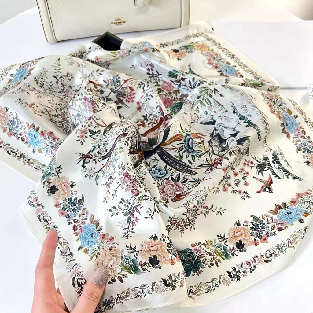 Retro Blue Square 100% Silk Scarf 53cm Floral Small Head Neck Hijab Women Kerchief High Quality Silk Bandana Scarves