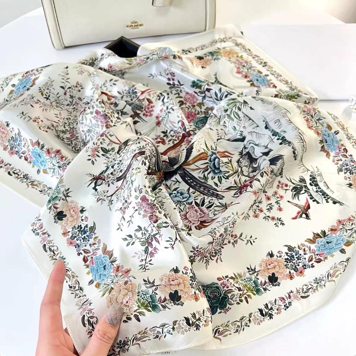 

Retro Blue Square 100% Silk Scarf 53cm Floral Small Head Neck Hijab Women Kerchief High Quality Silk Bandana Scarves 53x53cm