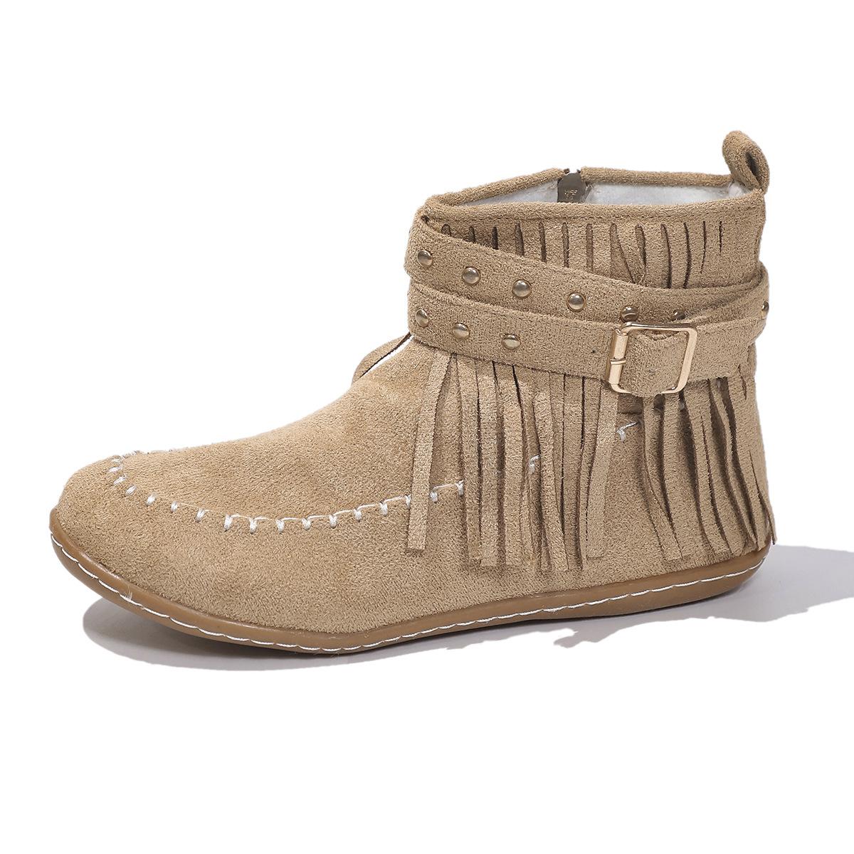 

Large size rivet tassel metal buckle with short tube cigarette boots autumn and winter new flat-bottomed warm women s boots 43 хакі
