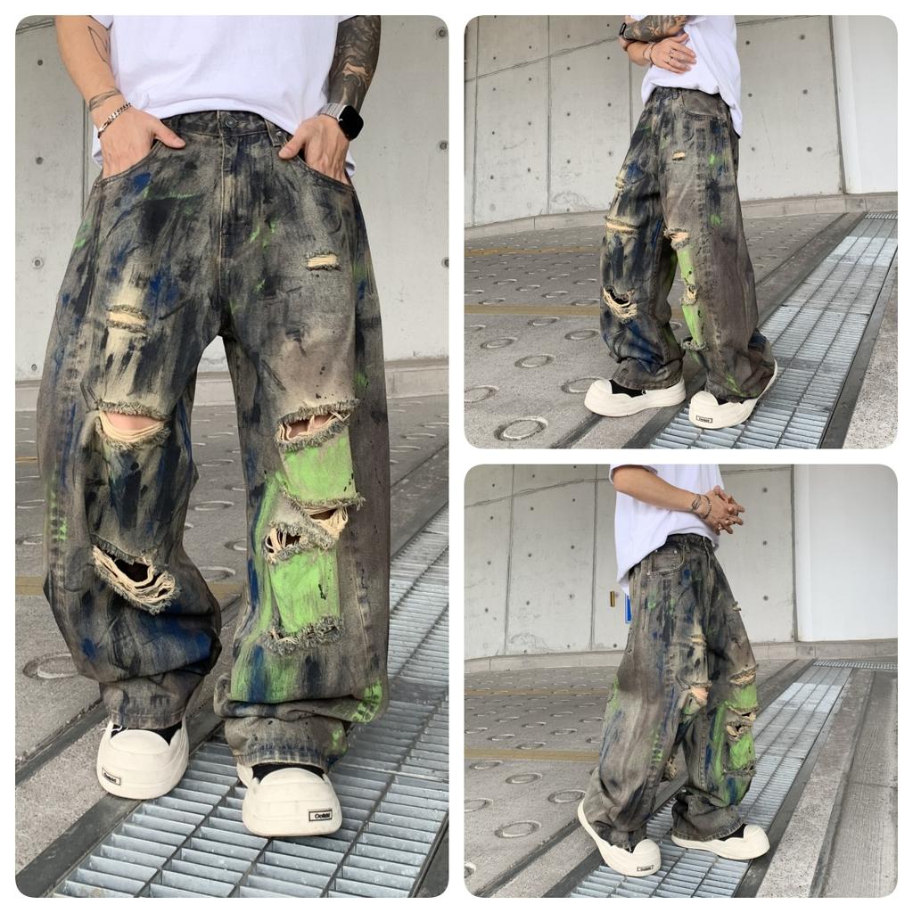 European and American Vibe Washed Old Ripped High Street Jeans Men Ins Trendy Brand Painted Beggar Hip Hop Wide Leg Pants