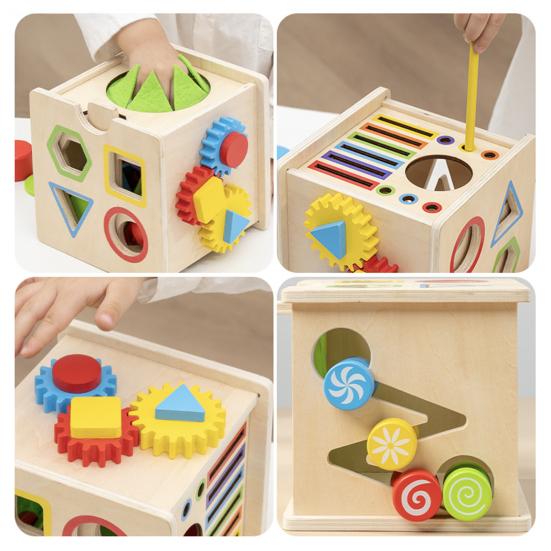 Baby Busy Cube Toy Sorting Fine 8-In-1 Wooden Activity Motor Skills Color Shape Cube Travel Portable