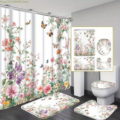 1/3/4 Stück Aquarell Blumen Duschvorhang Set mit Badematte, U-förmiger Badewannenvorleger & WC-Deckelbezug - Natürlicher Botanischer Druck Ba