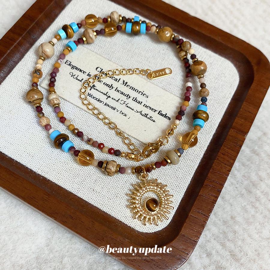 Natural Stone Sunflower Beaded Necklace with Titanium Steel Chain - Chinese Retro Light Luxury for Women