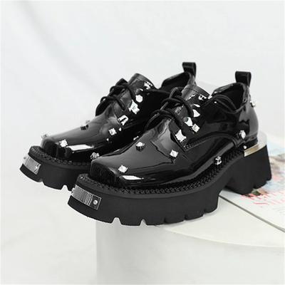 Lederschuhe mit eckiger Spitze Damen Klassische Casual Nieten Kleines Design Dicke Sohle Großer Kopf Derby Plateau Oxford Kleid Partyschuhe