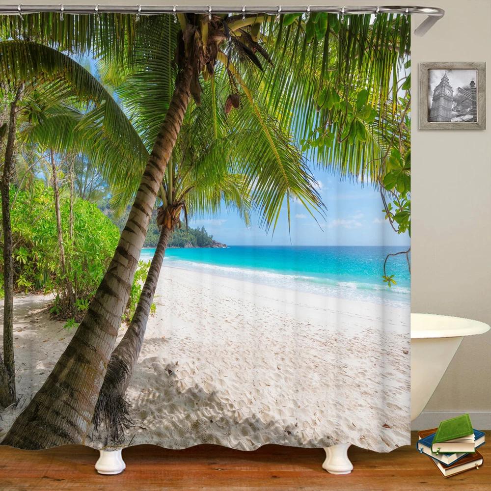 Beach Shower Curtain Waterproof Home Decoration Curtain 3D Palm Tree Seaside Beach Landscape Printed With Hooks Bathroom Curtain