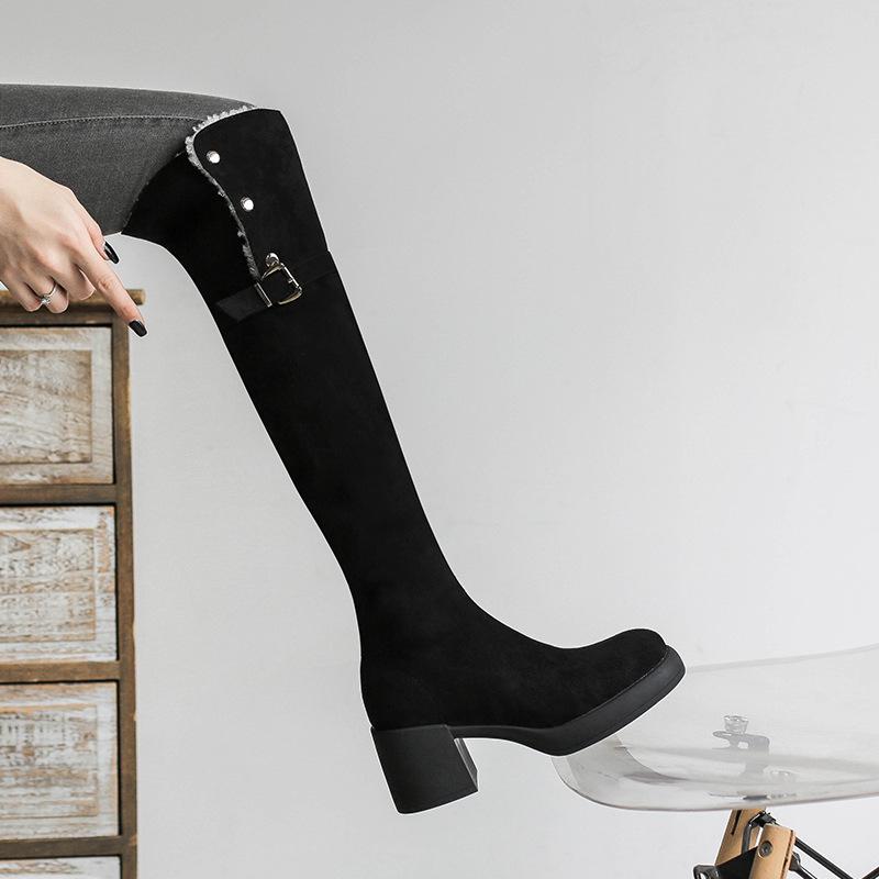 

Замшевые ботфорты Зимние складные сапоги-дутики из овечьей шерсти Женские бархатные ботфорты на толстом высоком каблуке Эластичные тонкие сапоги 39