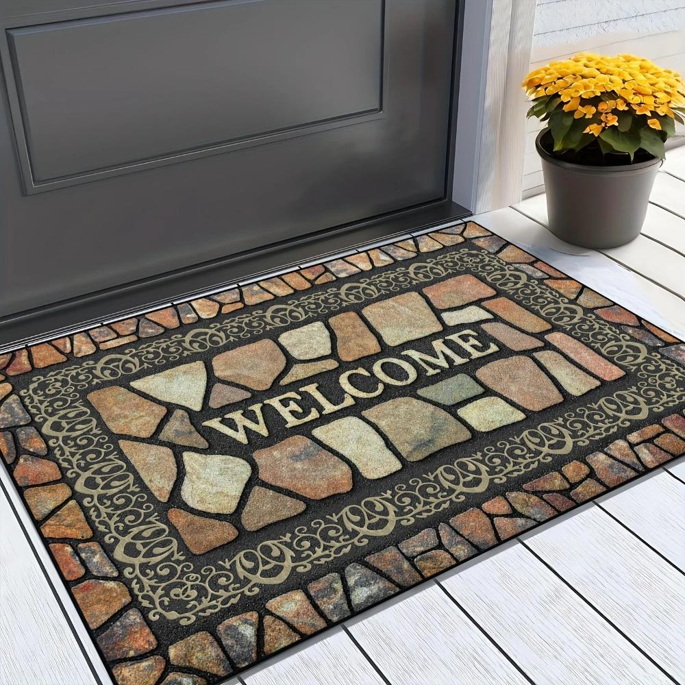 Stone Pattern Welcome Mat - Natural Rock Texture Rug for Indoor & Outdoor Entryway , Non-Slip Machine Washable Decor Carpet