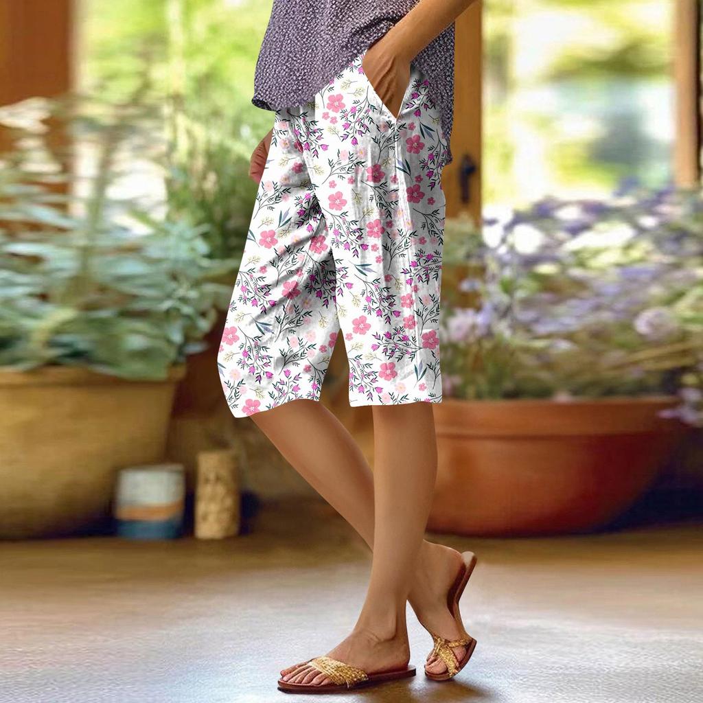 Women's Fashion Printed Pocket Elastic Waist Casual 5/10 Pants