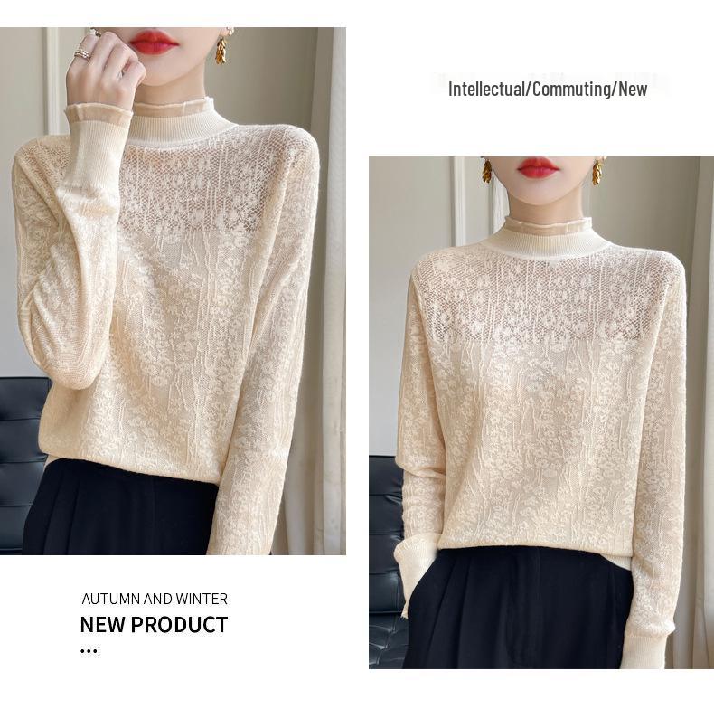 2025 Women's Lace Patchwork High Collar Imitation Wool Sweater with Ruffle Trim