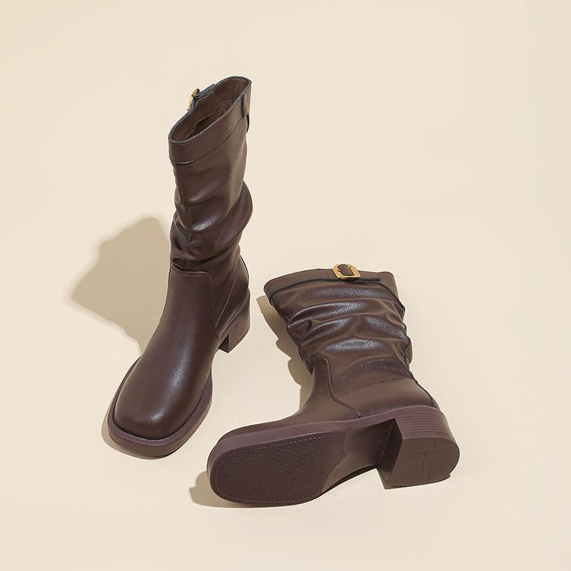 Autumn/Winter Western Retro Women's Pleated Mid-Calf Boots with Thick Heels In Popular Style.
