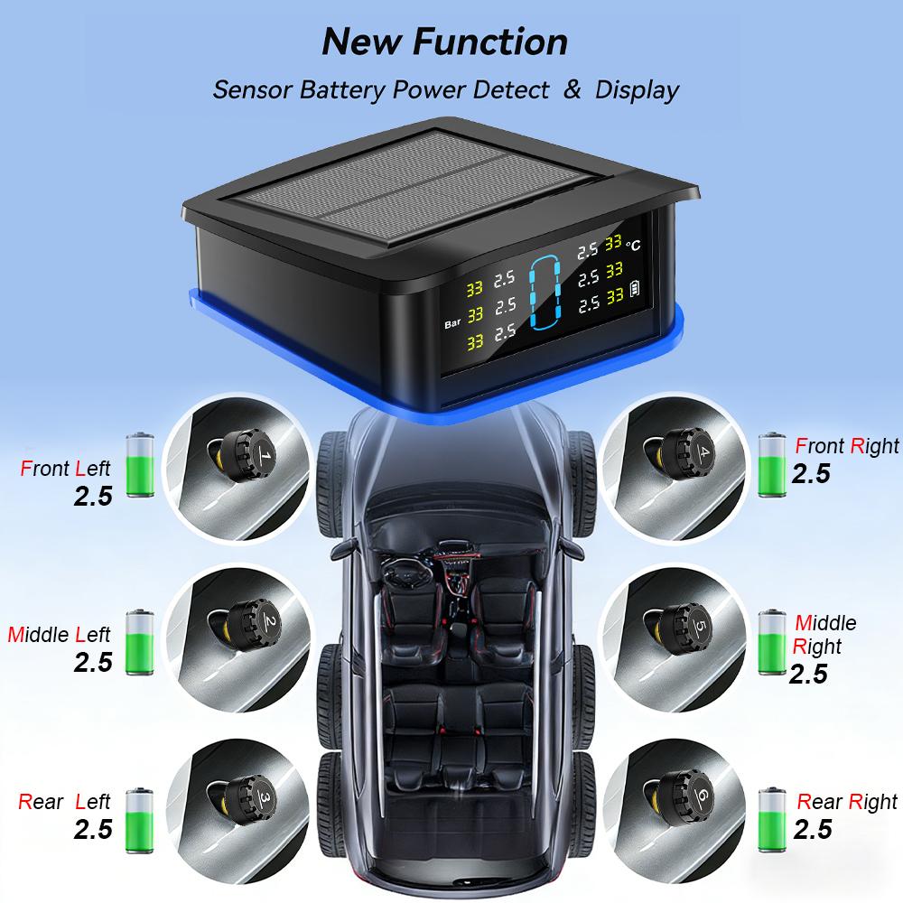 Monitoring system security alarm solar TPMS digital LCD display truck RV TPMS with indicator light warning car tire pressure alarm 6 external sensors
