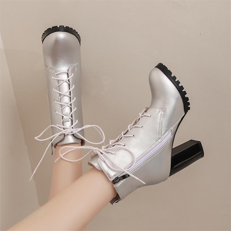 ANNYMOLI Women Ankle Boots Pointed Toe Block High Heels Lace-up Zipper Short Boots Ladies Fashion Shoes Autumn Winter 46