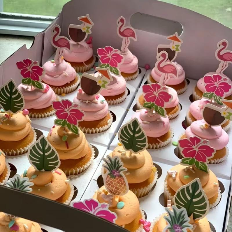 24pcsHawaiian Party Cake Toppers Flamingo Pineapple Flower Cocktail Decoration Picks Party Fruit Bamboo Skewers