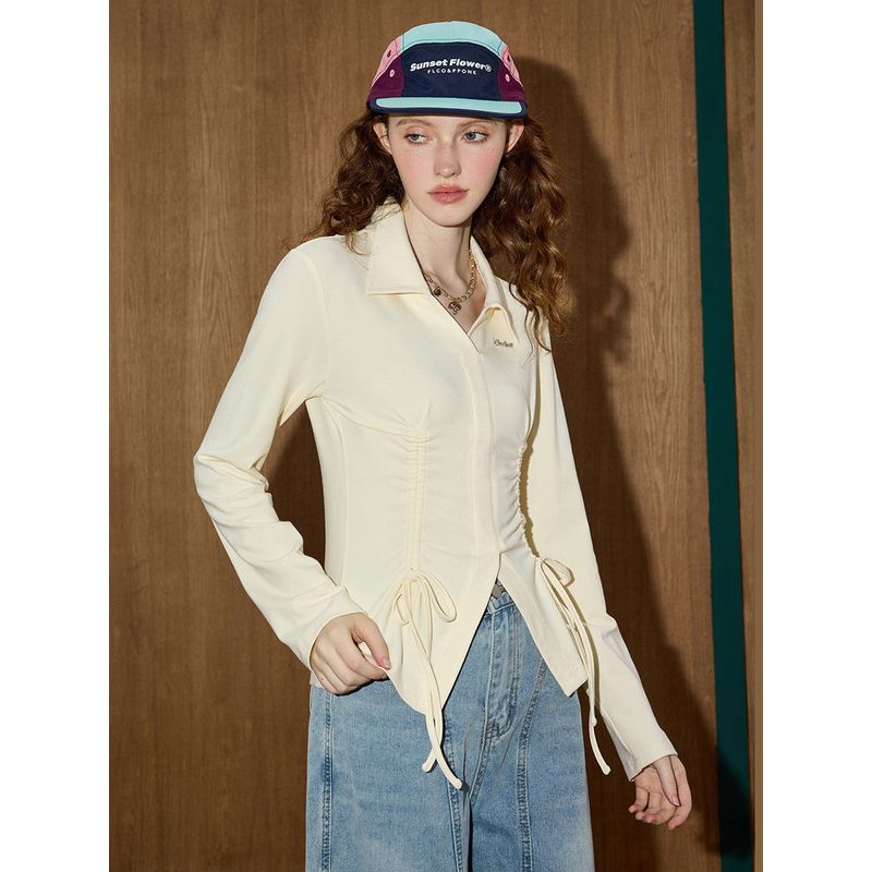 Coolhut American-Style Niche Drawstring Slit Waist-Cinching Lapel Pleated Long-Sleeve Top 25 Autumn Women's Base Shirt