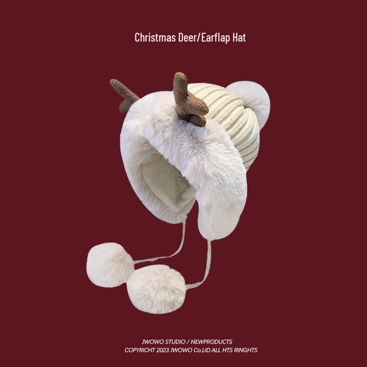 Women's Korean Style Plush Antler Pom-Pom Winter Hat with Ear Protection