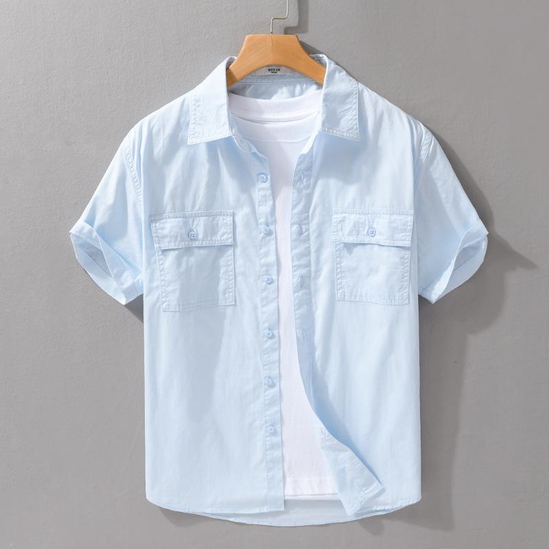 

Летние рубашки для мужчин в японском стиле, рубашка-карго с коротким рукавом, с двумя карманами, рабочая одежда, мужские топы, повседневные рубашки из чистого хлопка L небесно-голубой