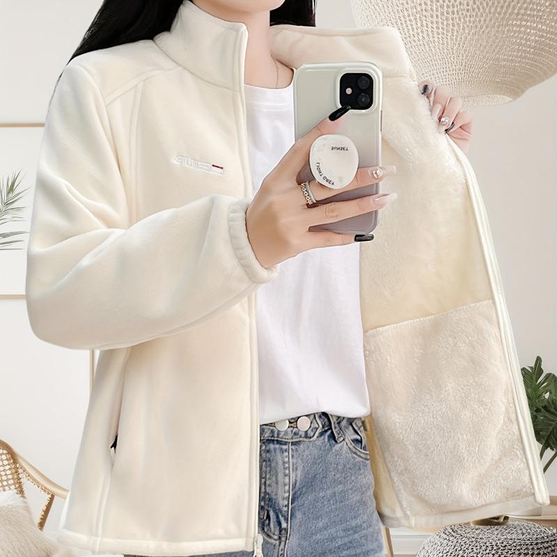 Women's Mint Green Fleece Jacket with Plush Puffer Stand Collar Winter Coat Long Sleeve Zippered Outerwear for Skiing Casual Cold Weather Clothing