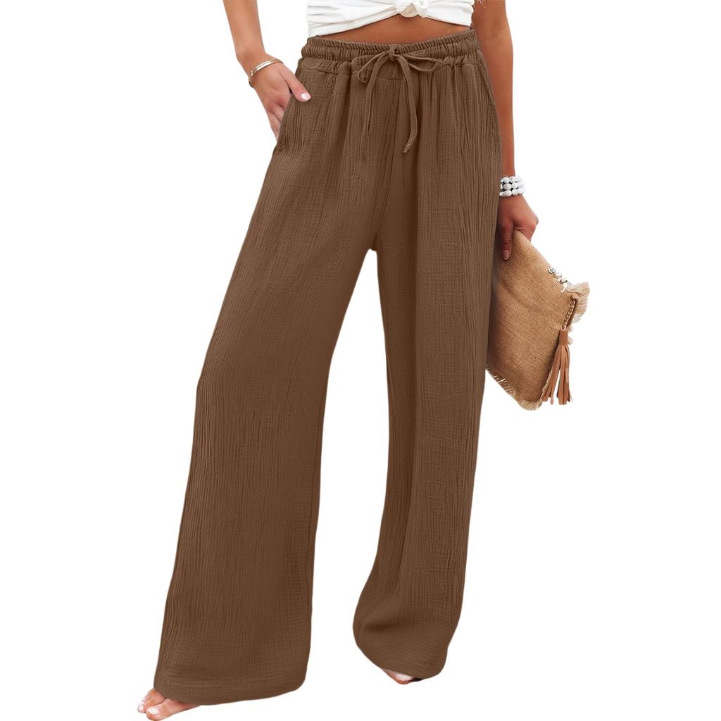 Women's Wide Leg Pants Elastic High Waist Drawstring Pants Flowy Summer Beach Palazzo Pants Casual Trousers