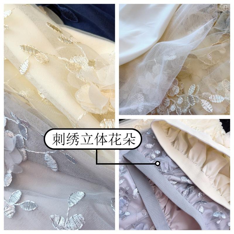 Mesh Embroidery Skirt, Gentle Temperament Medium and Long Skirt, Three-dimensional Flower Heavy Industry Gauze Skirt, Small Fresh Fairy Skirt
