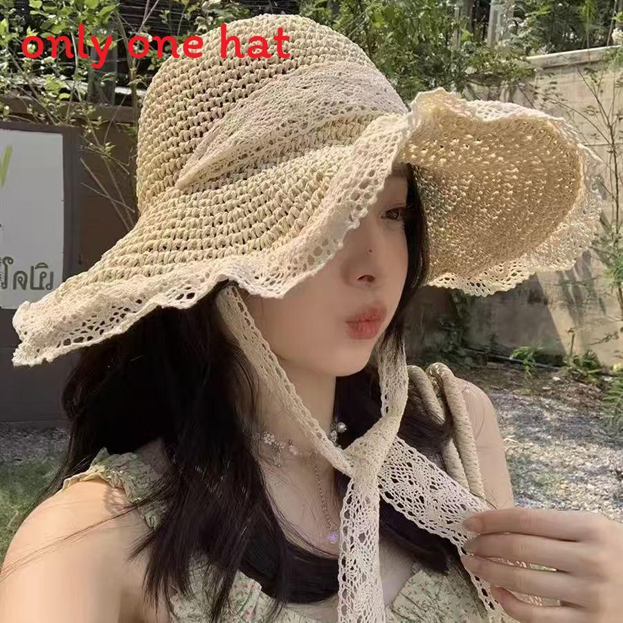 Floral Pattern Wide Brim Straw Hat With Adjustable Fit For Summer Outdoor Wear