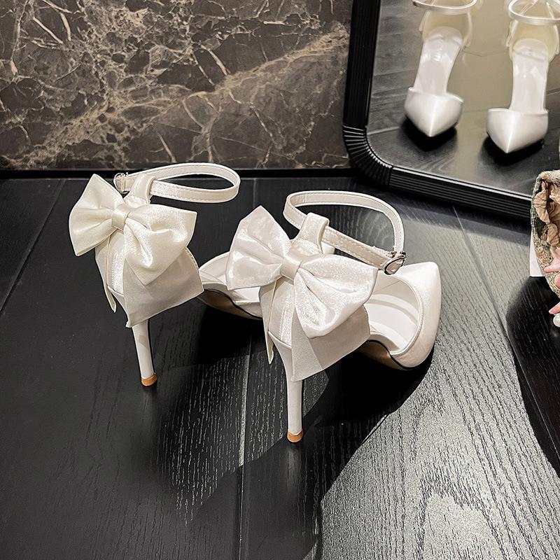 Fashion White Satin Wedding Shoes with Bow High Heels Elegant Bridal Shoes for Women