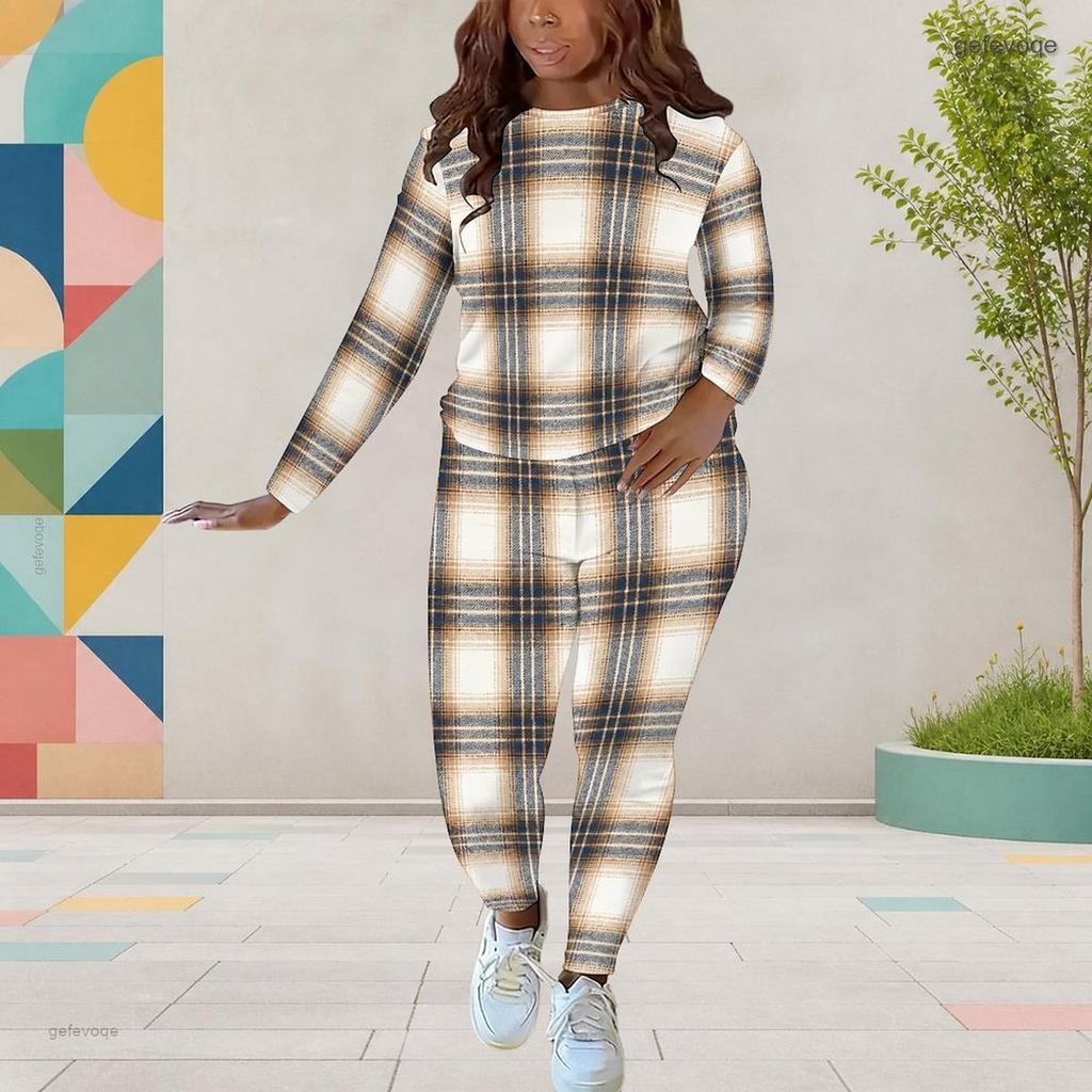 Women Plus Size White Printed Round Neck Long Sleeve Top Fitted Pants Two Piece Set