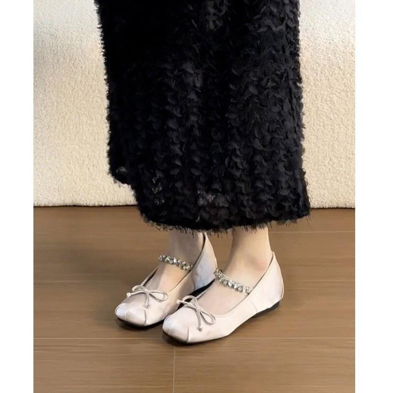 Inner Heightening Ballet Shoes Women's Flat Bow Rhinestone Mary Jane Shoes One-word Strap Shoes