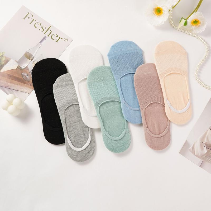 Women's Invisible Cotton Boat Socks Mesh Breathable Ankle Low Cut Silicone Non-Slip Socks