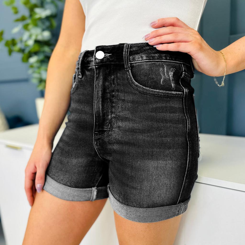 High Waist Elastic Waist Mid Length Shorts-Casual High Waisted Denim Shorts,Stretch Jean Shorts With Adorable Double Pockets