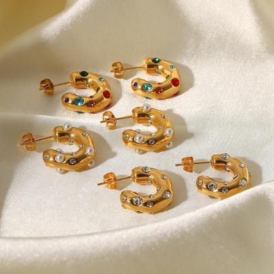 INS Style Hammered Zircon & Pearl C-Shaped Earrings, 18K Gold Stainless Steel.