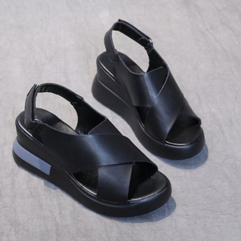 Women Soft Leather Peep Toe Thick Sole Muffin Wedge Sandals