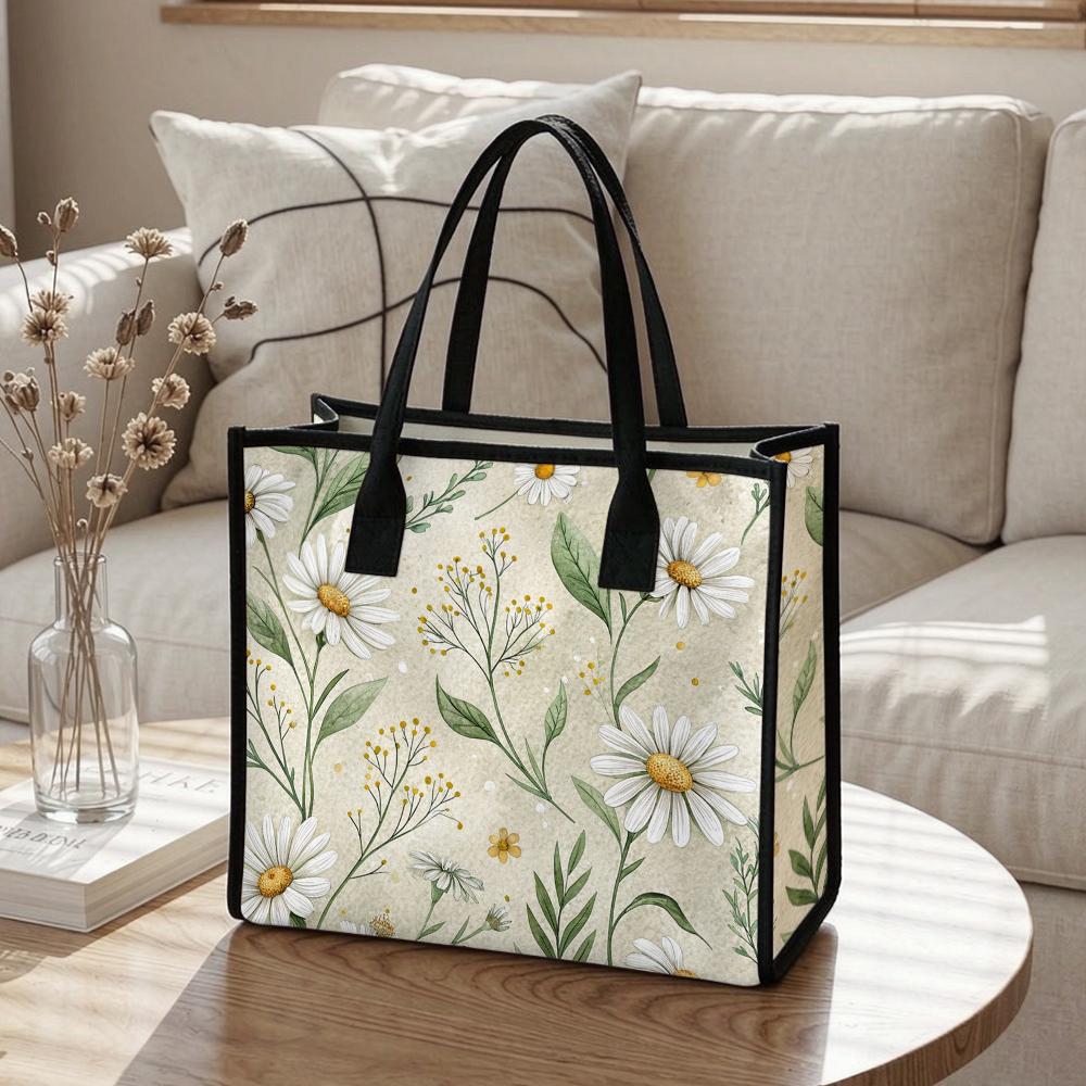 Daisy Floral Printed Casual Daily Tote Bag Lightweight Portable Shoulder Handbag For Women Shopping Travel Commute Use