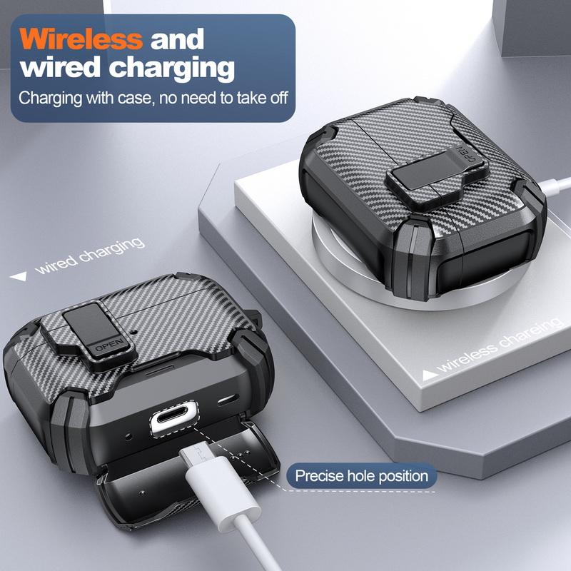 Carbon Fiber Texture Earphone Case For AirPods 4 Pro 3 2 1 Bluetooth Headset Cover with Phone Holder Keychain Earphone Charging Box
