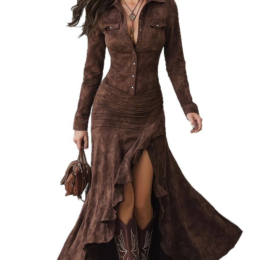 English Dress Long Sleeve Round Neck Zip Back Asymmetrical Hem For Casual Autumn